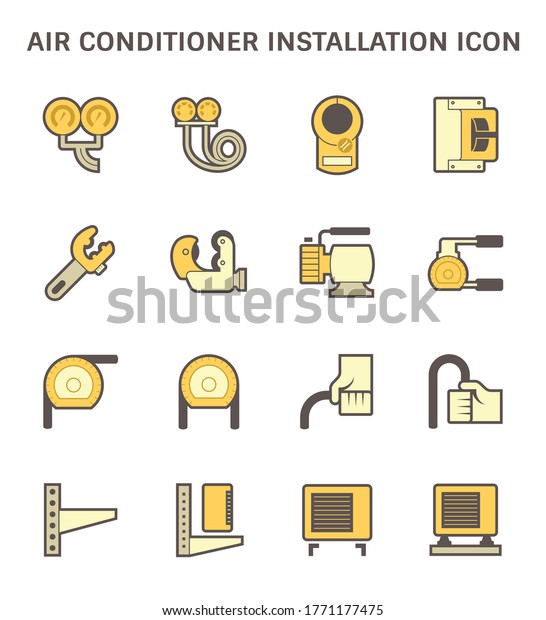 Air conditioner installation part and tool icon such\
as manifold, meter, breaker, tube cutter, vacuum pump and tube\
bender. Including with air compressor or condenser unit and\
support. Vector icon set