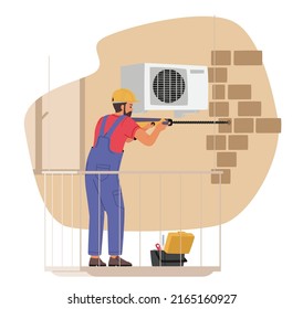 Air Conditioner Installation Service Concept. Professional Technician Crew Character Working, Install New Split System Outdoor Unit at Home or Office. Cartoon People Vector Illustration