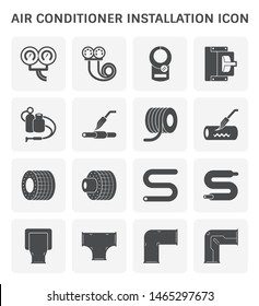 Air conditioner installation tool, part and material icon such as manifold, meter, breaker, copper tube, gas, welding or sweating, tube insulation, pvc line decorative live cover kit. Vector icon set.