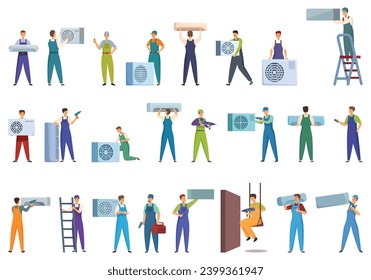 Air conditioner installer icons set cartoon vector. Service house. Man condition