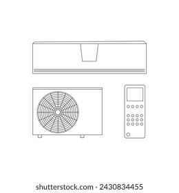 Air Conditioner, Line art vector, Flat icon design, Illustration vector. Domestic air conditioner vector illustration. Living room with air conditioner appliance line art concept.