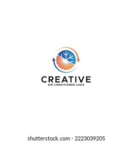 Air conditioner logo, round design logo, snowflake design, sun creative design, combination logo of snowflake and sun logo, blue and orange, creative circular.