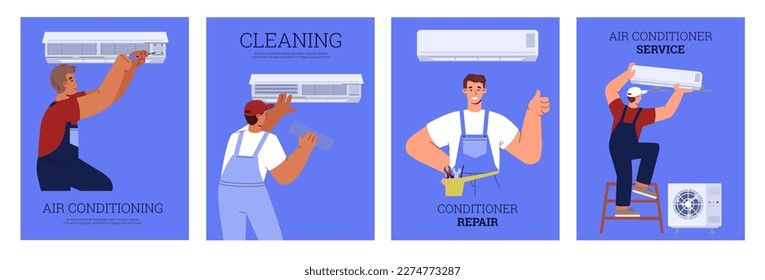 Air conditioner maintenance service advertising banners set, flat vector illustration. Technician man installing, cleaning and repairing air conditioning.