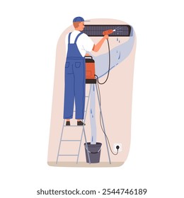 Servicio de mantenimiento del aire acondicionado. Trabajador de Profesional que limpia la unidad de HVAC, reparando, fijando y lavando la CA, sistema de acondicionamiento del hogar. Ilustración vectorial plana aislada sobre fondo blanco