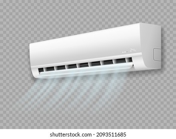 Air conditioner mockup with cold or hot wind flow. Realistic air conditioning split system indoor with opened horizontal louvers, climate control for home or office. Vector illustration