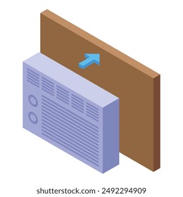 Air conditioner is mounted on a wall, blowing cool air into the room as indicated by the blue arrow