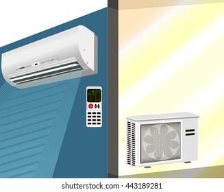 Air conditioner on wall background. Outdoor and indoor unit. Realistic. Cold air. Vector illustration. 