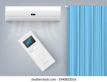 Aire acondicionado en la pared con mando a distancia, ilustración vectorial realista.