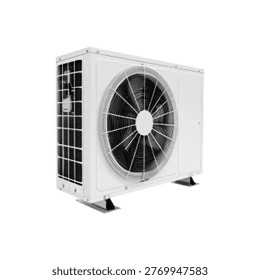 Air conditioner outdoor unit, halftone monochrome illustration, ventilation and cooling system isolated on white background.