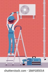 Air Conditioner Outdoor Unit Installation, Ac Outside Repair Service. Technician Working To Clean Split System, Filter, Doing Professional Regular Maintenance. Vector Flat Style Cartoon Illustration