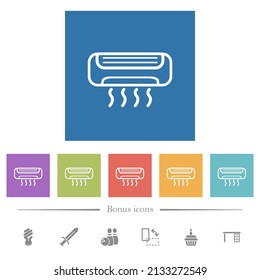 Air conditioner outline flat white icons in square backgrounds. 6 bonus icons included.
