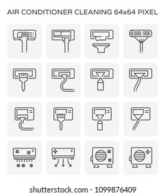 Air conditioner and part cleaning work such as air filter and coil pipe,  Dust soil and disease remove for increase airflow and system efficiency result in saving and good breathing, Vector icon set.