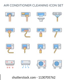 Air conditioner and part cleaning work such as air filter and coil pipe,  Dust soil and disease remove for increase airflow and system efficiency result in saving and good breathing, Vector icon set.