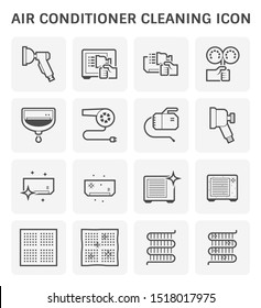 Air conditioner and part cleaning work such as air filter and coil pipe,  Dust soil and disease remove for increase airflow and system efficiency result in saving and good breathing, Vector icon set.