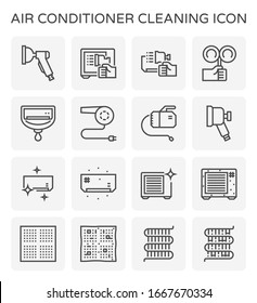 Air conditioner and part cleaning work such as air filter and coil pipe,  Dust soil and disease remove for increase airflow and system efficiency result in saving and good breathing, Vector icon set.