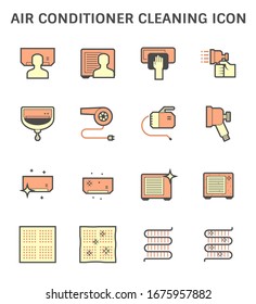 Air conditioner and part cleaning work such as air filter and coil pipe,  Dust soil and disease remove for increase airflow and system efficiency result in saving and good breathing, Vector icon set.