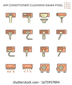 Air conditioner and part cleaning work such as air filter and coil pipe,  Dust soil and disease remove for increase airflow and system efficiency result in saving and good breathing, Vector icon set.