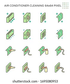 Air conditioner and part cleaning work such as air filter and coil pipe,  Dust soil and disease remove for increase airflow and system efficiency result in saving and good breathing, Vector icon set.