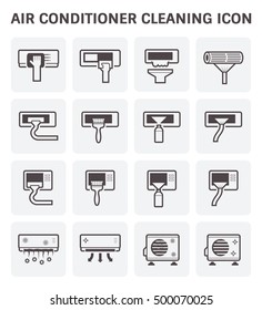 Air conditioner and part cleaning work such as air filter and coil pipe,  Dust soil and disease remove for increase airflow and system efficiency result in saving and good breathing, Vector icon set.