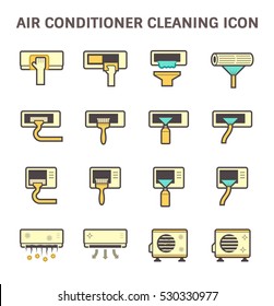 Air conditioner and part cleaning work such as air filter and coil pipe,  Dust soil and disease remove for increase airflow and system efficiency result in saving and good breathing, Vector icon set.