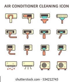 Air conditioner and part cleaning work such as air filter and coil pipe,  Dust soil and disease remove for increase airflow and system efficiency result in saving and good breathing, Vector icon set.