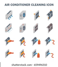 Air conditioner and part cleaning work such as air filter and coil pipe,  Dust soil and disease remove for increase airflow and system efficiency result in saving and good breathing, Vector icon set.