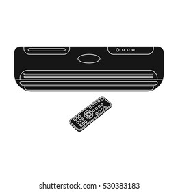 Air conditioner with remote control icon in black style isolated on white background. Office furniture and interior symbol stock vector illustration.
