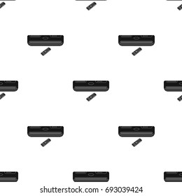 Air conditioner with remote control icon in black style isolated on white background. Office furniture and interior symbol stock vector illustration.