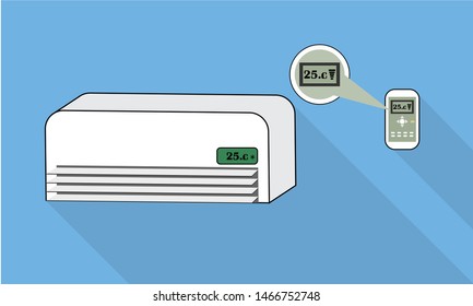 Air conditioner and remote on blue background with a long shadow isolate on blue background. Design vector illustration