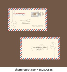 Air conditioner repair. Business card vector template, styled as a vintage envelope with postage stamp. Hand drawn, pen ink. Also suitable for flyer, banner, advertisement, promotion