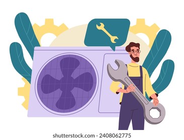 Air conditioner repair concept. Man worker in uniform with wrench near cooling system. Repairmen near coghweels try to fix problems. Cartoon flat vector illustration isolated on white background