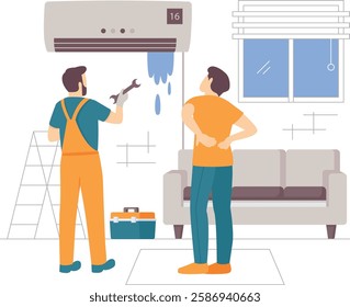 Air Conditioner Repair Fixing  Leaking Unit Home concept, frustrated homeowner stands nearby vector design, plumbing worker banner, Handyman Services scene, HVAC technician illustration