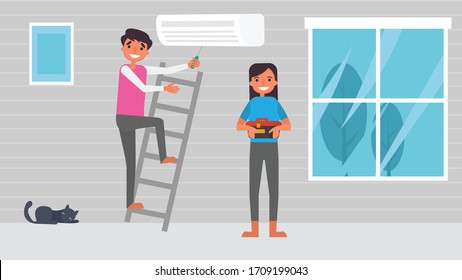 Air conditioner repair Housework Lover hobbies activities couples spend together summer ,holidays, Time with loved ones Happiness No place like home concept vector illustration in flat cartoon style.