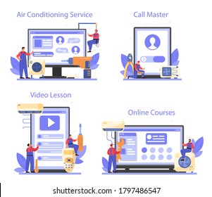 Air conditioner repair and instalation service online service or platform set. Repairman examining conditioner. Online course, master call, video lesson, air conditioning service. Vector illustration