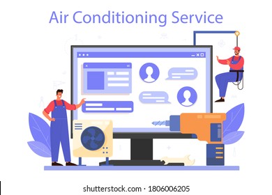 Air conditioner repair and instalation service online service or platform. Repairman examining conditioner. Air conditioning service. Vector illustration