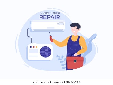 Air Conditioner Repair or Installation Illustration with Unit Breakdown, Maintenance Service, Cooling System in Flat Style Cartoon Concept