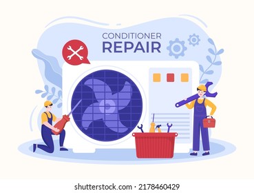 Air Conditioner Repair or Installation Illustration with Unit Breakdown, Maintenance Service, Cooling System in Flat Style Cartoon Concept