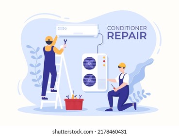 Air Conditioner Repair or Installation Illustration with Unit Breakdown, Maintenance Service, Cooling System in Flat Style Cartoon Concept