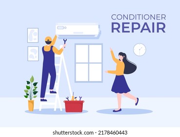 Air Conditioner Repair or Installation Illustration with Unit Breakdown, Maintenance Service, Cooling System in Flat Style Cartoon Concept