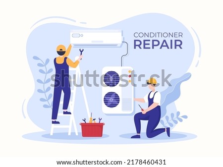 Air Conditioner Repair or Installation Illustration with Unit Breakdown, Maintenance Service, Cooling System in Flat Style Cartoon Concept