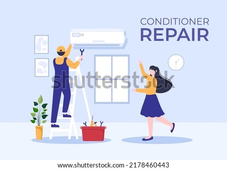 Air Conditioner Repair or Installation Illustration with Unit Breakdown, Maintenance Service, Cooling System in Flat Style Cartoon Concept