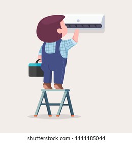 Air conditioner repair and installation. Vector cartoon flat illustration of cute man on a ladder maintenance and service a climatic technique.