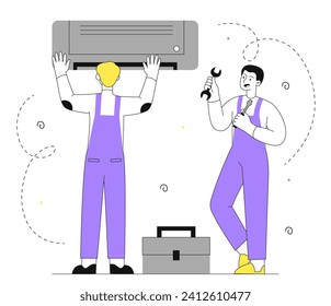 Air Conditioner Repair linear concept. Two men in uniform with wrench fix problems with cooling system in house. Maintenance and repairman team indoor. Line flat vector illustration