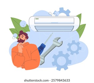 Air conditioner repair. Man with screwdriver and wrench near air conditioner. Maintenance worker and repairman. Repair and engineering. Home temperature control. Flat vector illustration