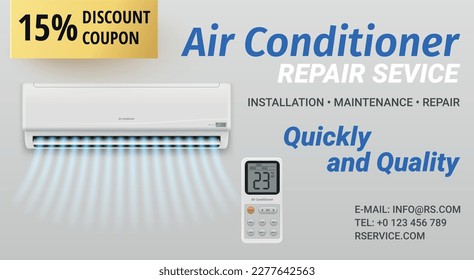 Air conditioner repair service discount coupon advertising banner design realistic vector illustration. Climate temperature control system installation indoor cooling heating business special offer