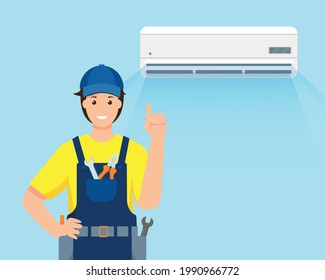 Air conditioner repair service. Repair man character in uniform and working conditioning system. Friendly smiling repairman. Profession people concept. Vector illustration.