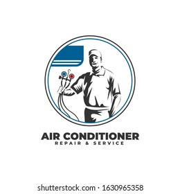 Air Conditioner Repair & Service with  Technician Logo Vector Icon Illustration