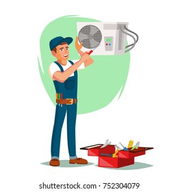 Air Conditioner Repair Service Vector. Young Man Repairing Air Conditioner. Electrician Maintenance. Cartoon Character Illustration