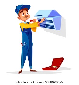 Air conditioner repair vector illustration. Cartoon flat repairman of technician engineer profession from AC air conditioner maintenance service with screwdriver and toolbox