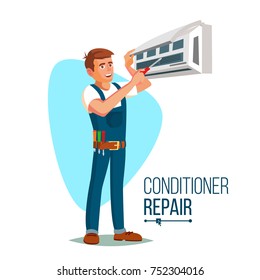 Air Conditioner Repair Worker Vector. Young Happy Male AC Technician Gesturing. Maintenance Service Isolated Flat Cartoon Character Illustration